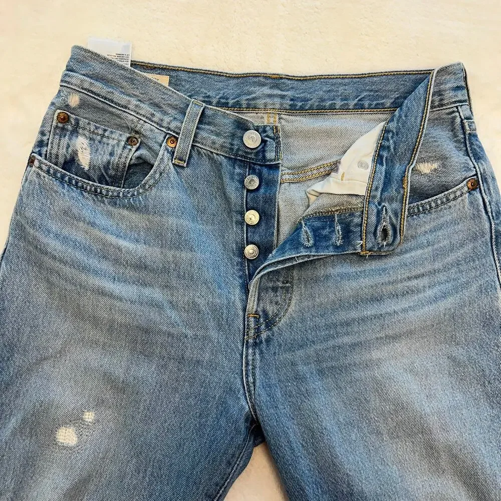 Vintage Levi's 501 Button Fly‎ Women's Distressed Straight Denim Jeans 27x28